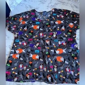 Zoe & Chloe Scrub Top Womens Large Halloween Dogs Nurse Medical Bulldog Vet Tech